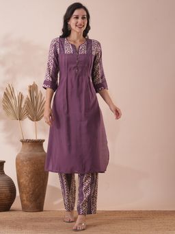 FASHOR - Women's Purple Printed Kurta with Pant (Set of 2)