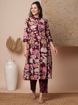 FASHOR - Women's Maroon Printed Kurta with Pant (Set of 2)
