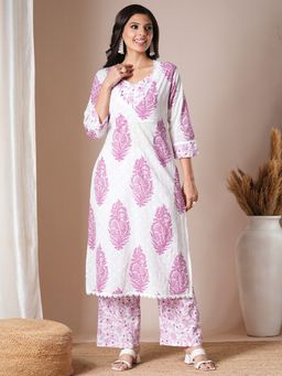 FASHOR - Women's White Printed Kurta with Palazzo (Set of 2)