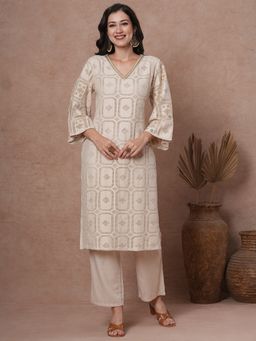 FASHOR - Women's Off White Self Design Kurta with Pant (Set of 2)