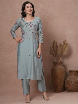 FASHOR - Women's Green Floral Kurta with Pant (Set of 2)