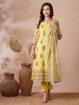 FASHOR - Women's Yellow Floral Kurta with Pant and Dupatta (Set of 3)