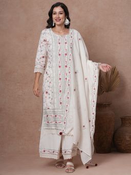 FASHOR - Women's White Floral Kurta with Palazzo and Dupatta (Set of 3)