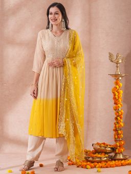 FASHOR - Women's Yellow Embellished/Sequined Kurta with Pant and Dupatta (Set of 3)