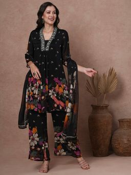 FASHOR - Women's Black Floral Kurta with Palazzo and Dupatta (Set of 3)