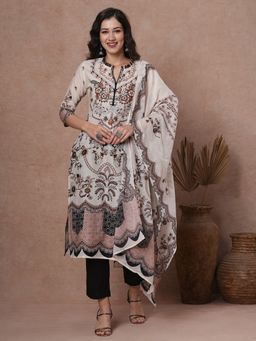 FASHOR - Women's White Floral Kurta with Pant and Dupatta (Set of 3)