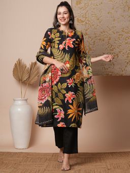 FASHOR - Women's Black Floral Kurta with Pant and Dupatta (Set of 3)