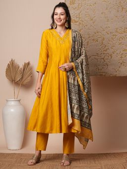 FASHOR - Women's Yellow Embellished/Sequined Kurta with Pant and Dupatta (Set of 3)