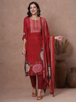 FASHOR - Women's Red Floral Kurta with Pant and Dupatta (Set of 3)