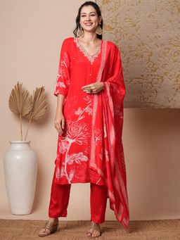 FASHOR - Women's Red Floral Kurta with Pant and Dupatta (Set of 3)