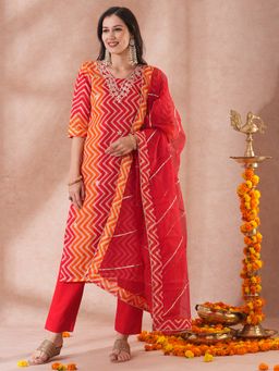 FASHOR - Women's Red Embroidered Kurta with Pant and Dupatta (Set of 3)