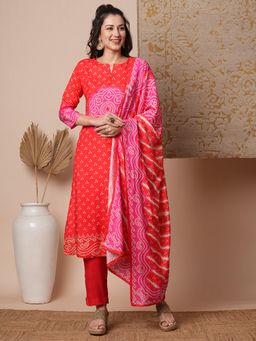 FASHOR - Women's Coral Printed Kurta with Pant and Dupatta (Set of 3)