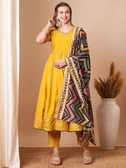 FASHOR - Women's Yellow Solid/Plain Anarkali Kurta with Pant and Dupatta (Set of 3)