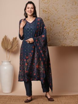 FASHOR - Women's Blue Floral Kurta with Pant and Dupatta (Set of 3)
