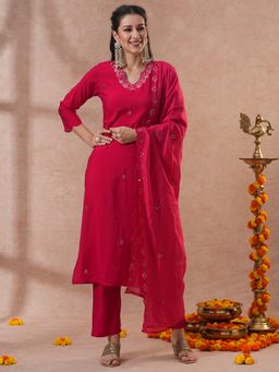 FASHOR - Women's Red Embroidered Kurta with Pant and Dupatta (Set of 3)