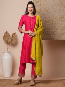 FASHOR - Women's Pink Embroidered Kurta with Pant and Dupatta (Set of 3)