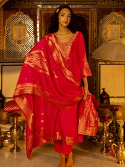 FASHOR - Women's Pink Embroidered Kurta with Pant and Dupatta (Set of 3)