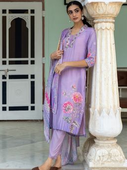 FASHOR - Women's Purple Floral Kurta with Pant and Dupatta (Set of 3)