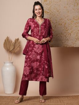 FASHOR - Women's Maroon Floral Kurta with Pant and Dupatta (Set of 3)