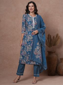 FASHOR - Women's Blue Floral Kurta with Pant and Dupatta (Set of 3)