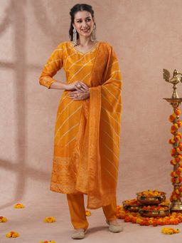 FASHOR - Women's Yellow Embroidered Kurta with Pant and Dupatta (Set of 3)