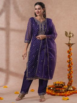 FASHOR - Women's Purple Embroidered Kurta with Pant and Dupatta (Set of 3)
