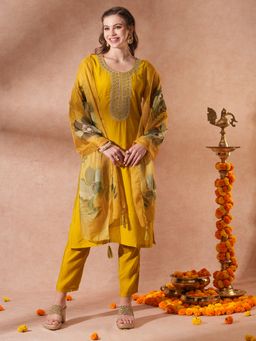 FASHOR - Women's Mustard Embroidered Kurta with Pant and Dupatta (Set of 3)