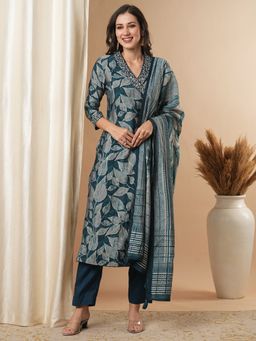 FASHOR - Women's Teal Printed Kurta with Pant and Dupatta (Set of 3)