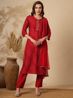 FASHOR - Women's Red Embroidered Kurta with Pant and Dupatta (Set of 3)