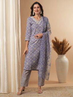 FASHOR - Women's Purple Printed Kurta with Pant and Dupatta (Set of 3)