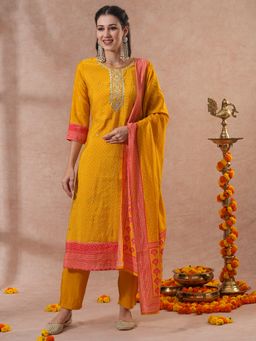 FASHOR - Women's Yellow Embroidered Kurta with Pant and Dupatta (Set of 3)