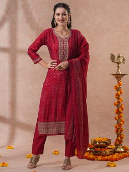 FASHOR - Women's Red Embroidered Kurta with Pant and Dupatta (Set of 3)