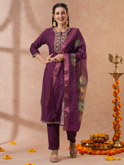 FASHOR - Women's Purple Floral Kurta with Pant and Dupatta (Set of 3)