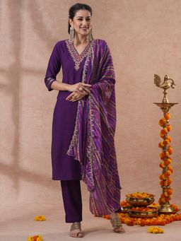 FASHOR - Women's Purple Embroidered Kurta with Pant and Dupatta (Set of 3)