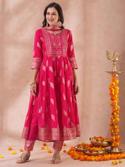 FASHOR - Women's Pink Embroidered Kurta with Pant and Dupatta (Set of 3)