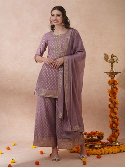 FASHOR - Women's Mauve Embellished/Sequined Kurta with Palazzo and Dupatta (Set of 3)