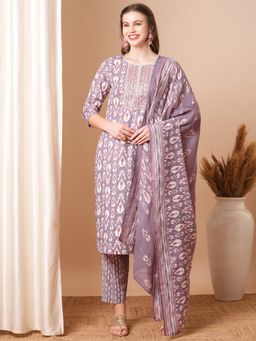 FASHOR - Women's Lavender Embroidered Kurta with Pant and Dupatta (Set of 3)