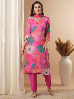 FASHOR - Women's Pink Printed Kurta with Pant and Dupatta (Set of 3)