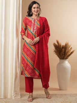 FASHOR - Women's Red Woven Kurta with Pant and Dupatta (Set of 3)