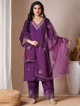 FASHOR - Women's Purple Solid/Plain Kurta with Pant and Dupatta (Set of 3)