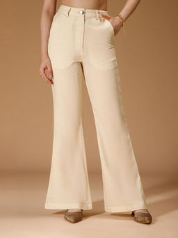 B77 - Women Beige Gemma Viscose Linen Boot-Leg Trousers