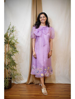 SHOWSHA - Bow Organza Purple A Line Midi Dress