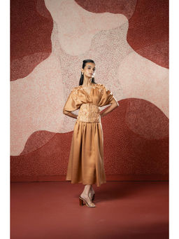 SHOWSHA - Satin Aura Coral A Line Midi Dress