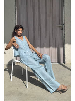 Zebein - Women Blue Linen Flared Pant