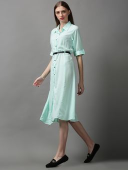 SHOWOFF - Womens Shirt Collar Solid Green Midi Dress (Set of 2)
