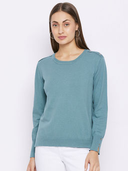 Madame - Solid Round Neck Casual Women Blue Sweater