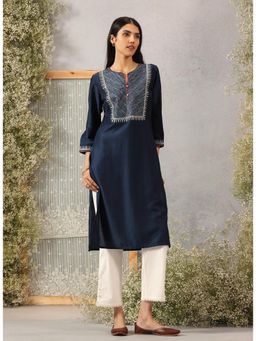Lakshita - Navy Blue Printed Viscose Silk Slub Kurta