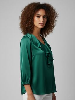 Qurvii - Green Satin Ruffle V-Neck Top