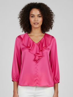 Qurvii - Pink Satin Ruffle V-Neck Top