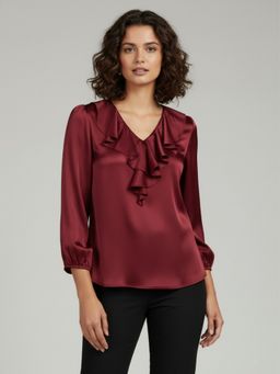 Qurvii - Maroon Satin Ruffle V-Neck Top